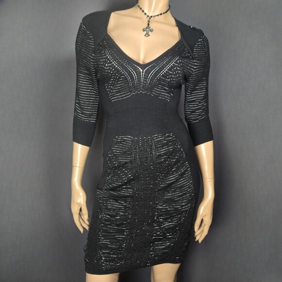 Y2K Mini Sweater Dress size S Black Bodycon Grunge Goth Mcbling V Neck - Picture 1 of 12